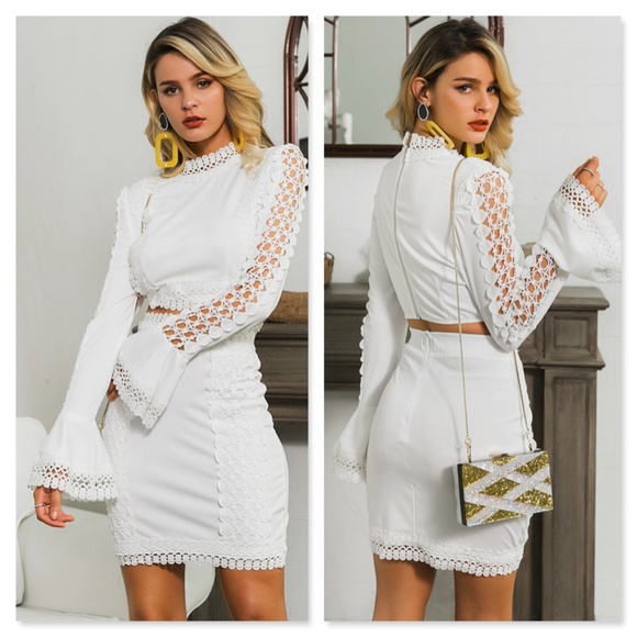 White 2 Piece Guipure Detail Skirt Set - Picture 5 of 16